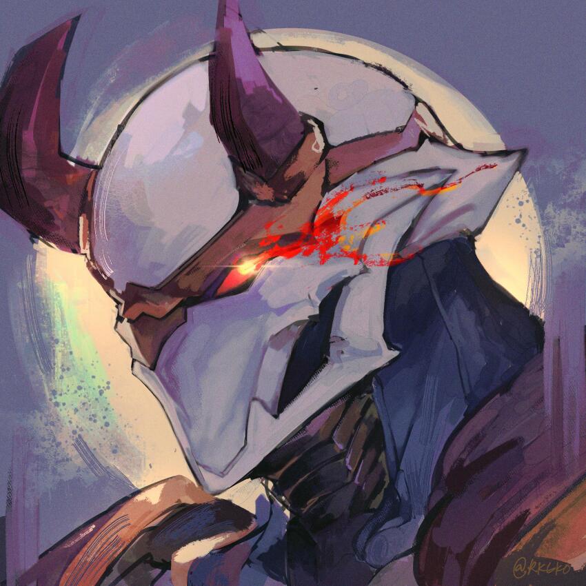 1boy, armor, artist_request, black_horns, blood_moon_jhin, demon, demon_horns, fake_horns