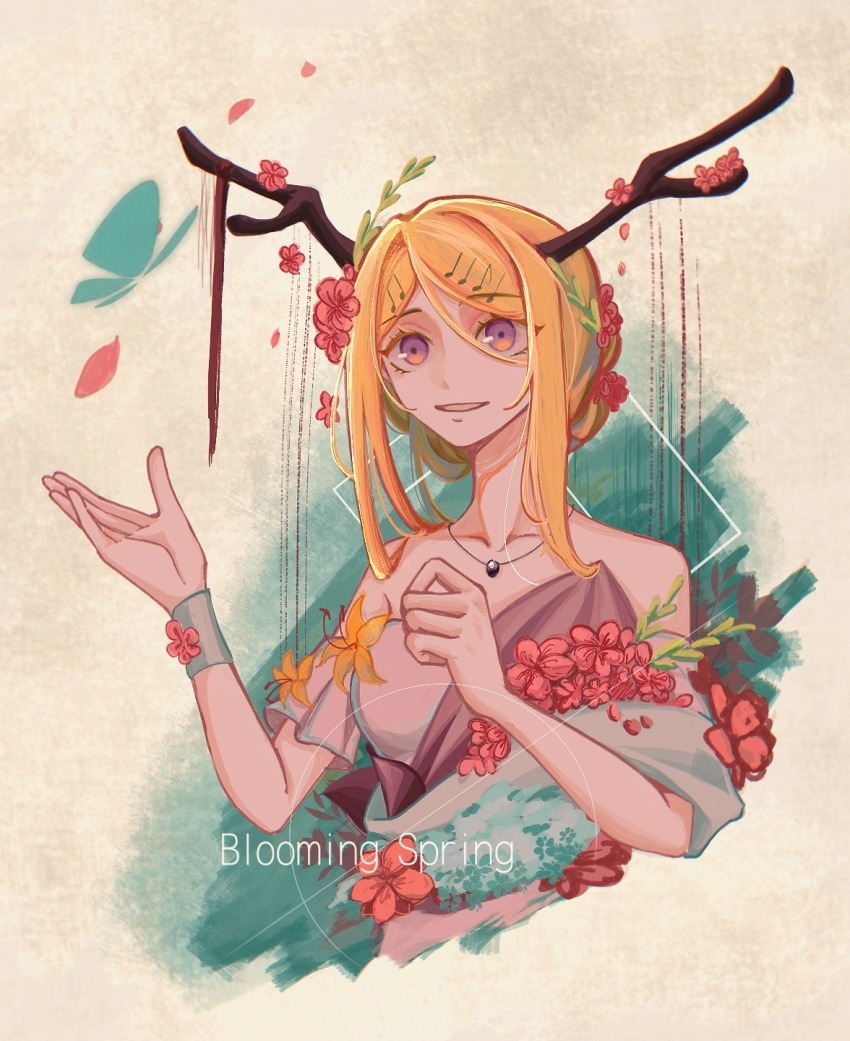 1girl, akamatsu_kaede, alternate_costume, antlers, bare_shoulders, blonde_hair, blue_butterfly, bracelet, bsyt41, bug, butterfly, cherry_blossoms, chinese_commentary, collarbone, commentary_request, cropped_torso, danganronpa_(series), danganronpa_v3:_killing_harmony, detached_sleeves, english_text, eyelashes, flower, fortissimo, hair_between_eyes, hair_bun, hair_flower, hair_ornament, happy, highres, horns, insect, jewelry, laurel_crown, looking_ahead, musical_note, musical_note_hair_ornament, necklace, open_mouth, outstretched_hand, petals, pink_flower, pleated_sleeves, purple_eyes, shawl, short_hair_with_long_locks, short_sleeves, single_hair_bun, smile, solo, toga, white_background, white_shawl, white_sleeves