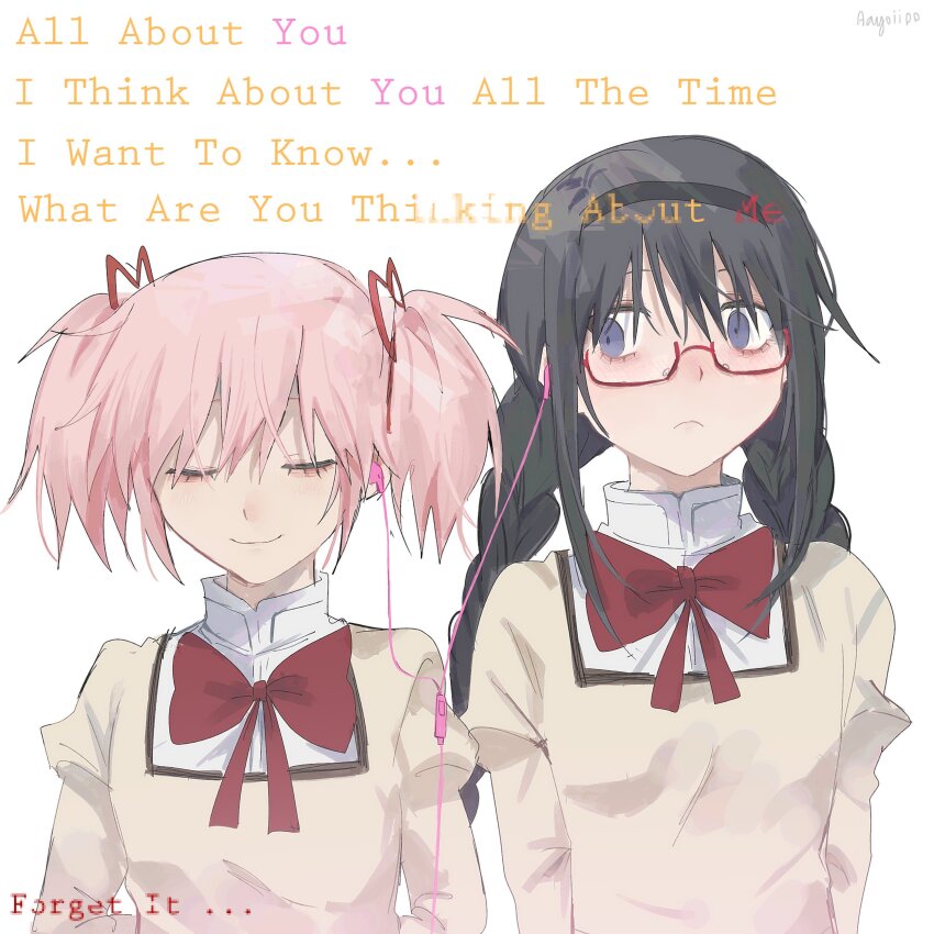 2girls, aayoii_00, absurdres, akemi_homura, black_hair, bow, bowtie, braid, closed_eyes, earphones, english_text, highres, kaname_madoka, looking_at_another, mahou_shoujo_madoka_magica, mitakihara_school_uniform, multiple_girls, red-framed_eyewear, red_bow, red_bowtie, school_uniform, semi-rimless_eyewear, shared_earphones, twin_braids, under-rim_eyewear, white_background