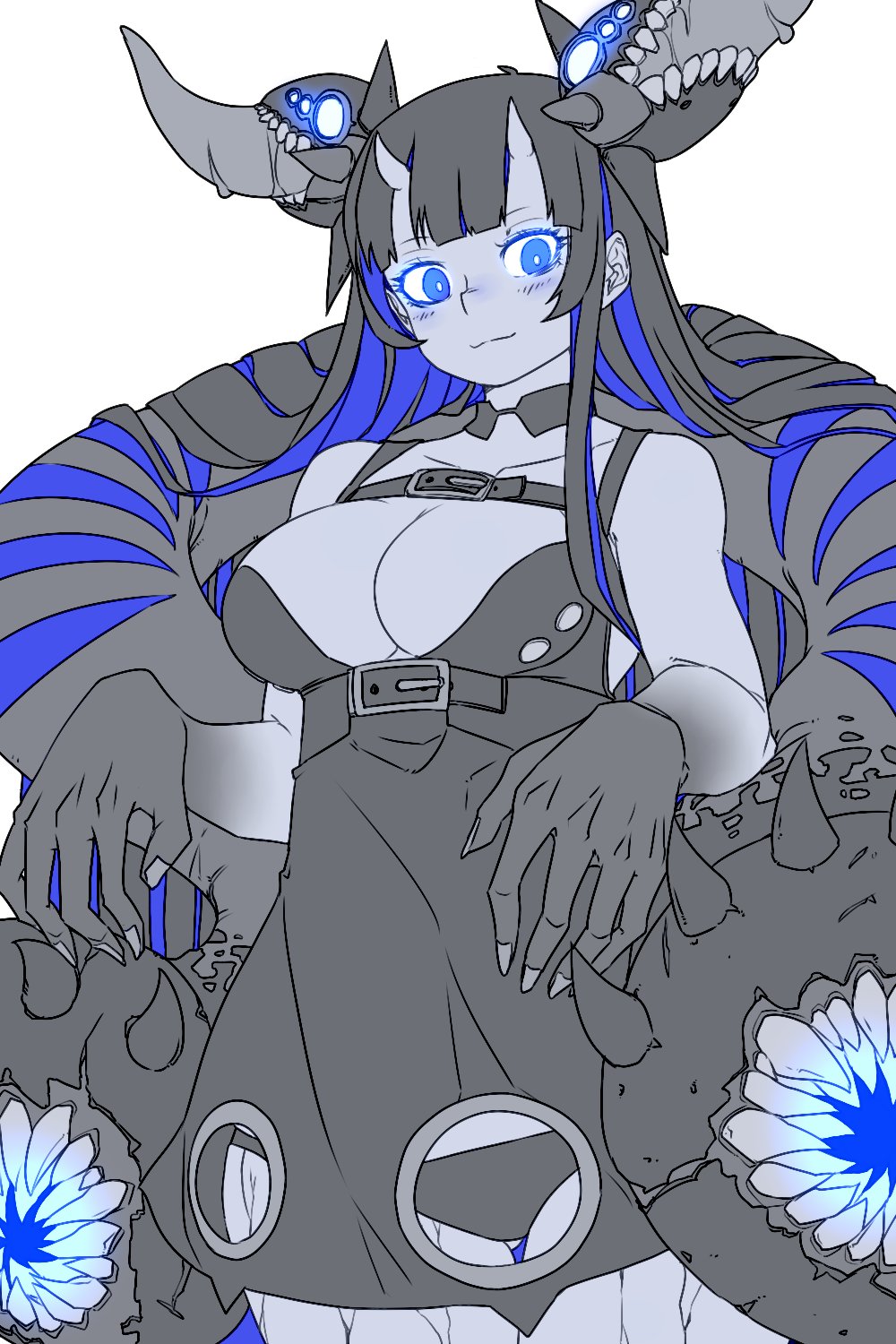 1girl, abyssal_ship, atoll_aircraft_carrier_anchorage_princess, bare_shoulders, blue_eyes, blush, breasts, cleavage