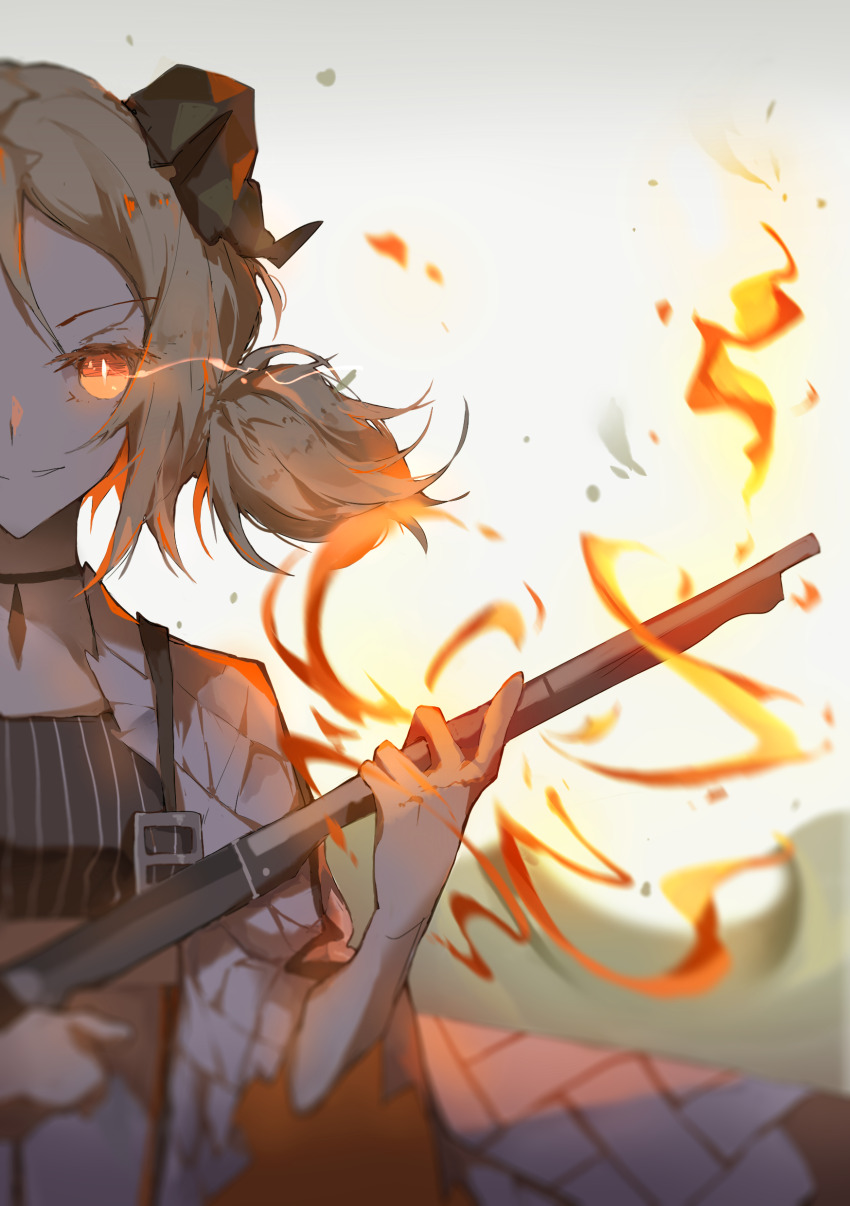 1girl, absurdres, argyle_clothes, argyle_jacket, arknights, assault_rifle, black_choker, black_horns