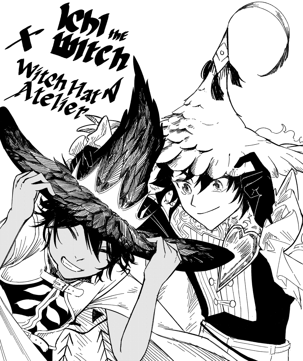 2boys, black_hair, cape, closed_eyes, closed_mouth, custas_(tongari_boushi_no_atelier), dark_skin, gloves, hat, holding, ichi_(madan_no_ichi), jewelry, long_hair, long_sleeves, madan_no_ichi, monochrome, multiple_boys, saga_k, shirt, short_hair, tongari_boushi_no_atelier, witch