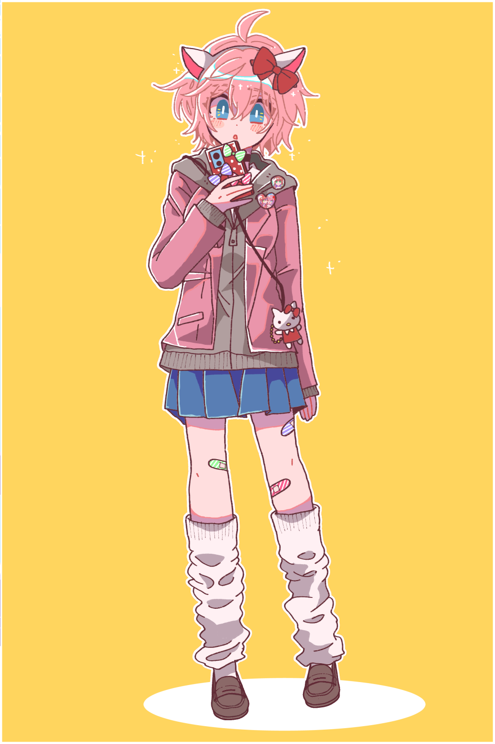 1girl, ahoge, animal_ear_hairband, animal_ears, badge, bandaid, bandaid_on_leg, blue_eyes