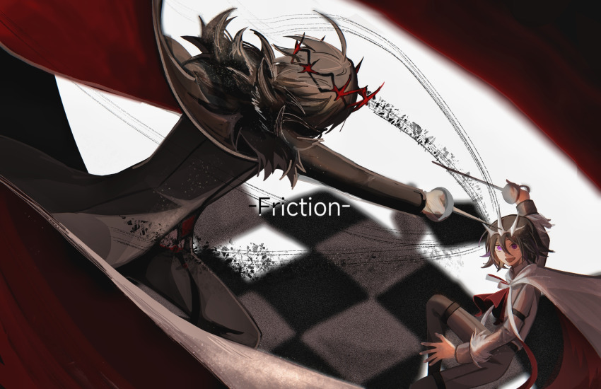 2boys, ahoge, alternate_costume, alternate_universe, ascot, battle, belt, black_cape