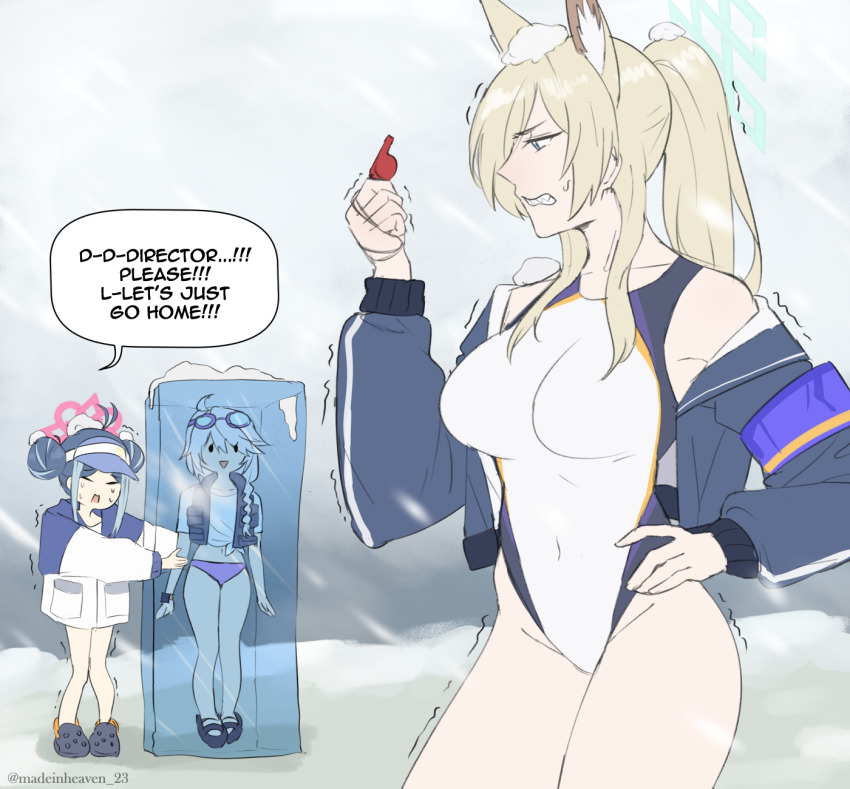 1girl, 3girls, animal_ear_fluff, animal_ears, blonde_hair, blue_archive, blue_eyes, blue_halo