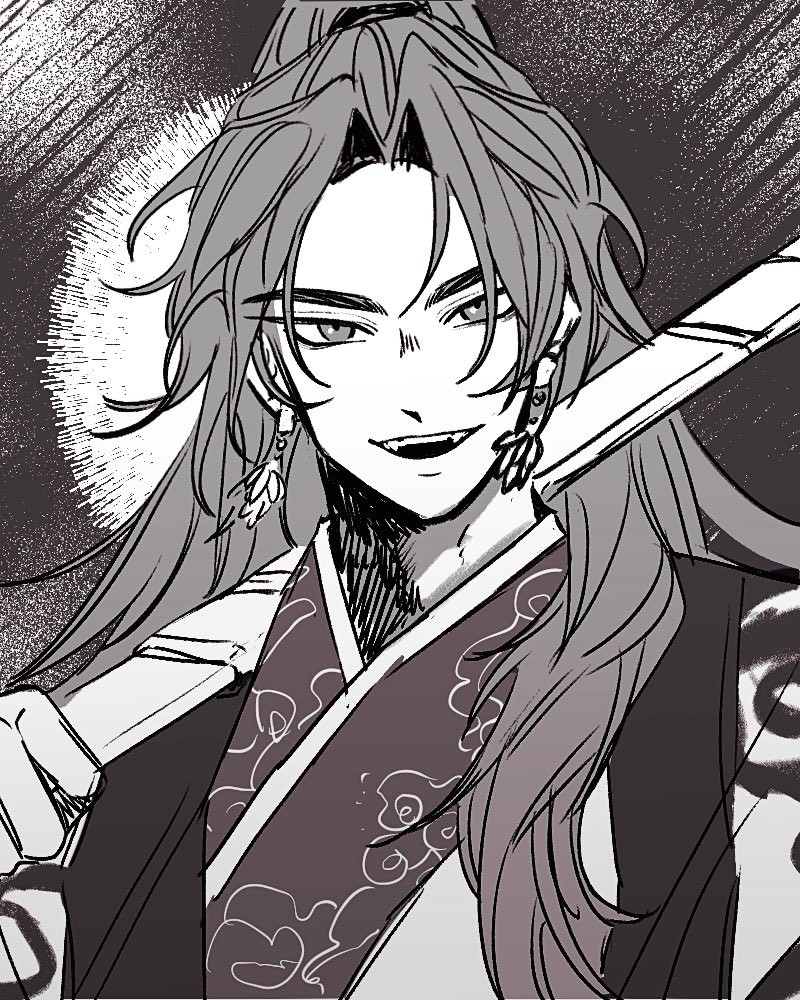 1boy, chinese_clothes, earrings, falling_shark, fangs, hanfu, high_ponytail, holding