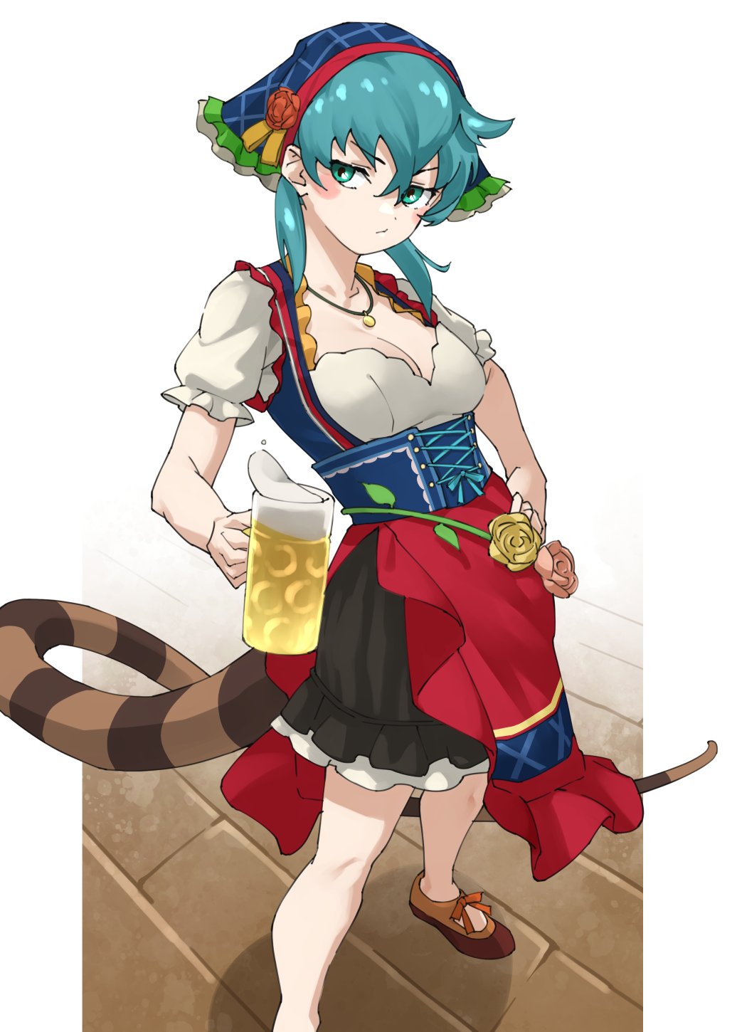 1girl, alcohol, alternate_costume, aqua_eyes, asymmetrical_clothes, beer, beer_mug, black_dress, blue_corset, blue_dress, blue_eyes, blue_hair, blue_headscarf, blush, breasts, brown_footwear, commentary, corset, crossed_bangs, cup, dirndl, dress, embarrassed, flower, frilled_dress, frilled_sleeves, frills, german_clothes, glass_mug, hair_between_eyes, hair_flower, hair_ornament, headscarf, highres, jewelry, jitome, kemono_friends, kemono_friends_3, long_bangs, low_twintails, mug, multicolored_dress, necklace, puffy_short_sleeves, puffy_sleeves, red_dress, red_trim, rose, shirt, short_sleeves, sidelocks, sideways_glance, snake_girl, snake_print, snake_tail, solo, tail, tanabe_(fueisei), tsuchinoko_(kemono_friends), twintails, white_shirt, yellow_flower, yellow_rose