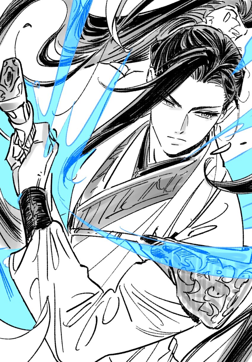 1boy, armor, chinese_clothes, chuckchuck, closed_mouth, energy, hanfu, high_ponytail, highres, holding, holding_sword, holding_weapon, liu_qingge, long_hair, long_sleeves, looking_to_the_side, male_focus, mole, mole_under_eye, partially_colored, ponytail, renzha_fanpai_zijiu_xitong, shoulder_armor, sword, upper_body, weapon, xiao_guan_(headdress)