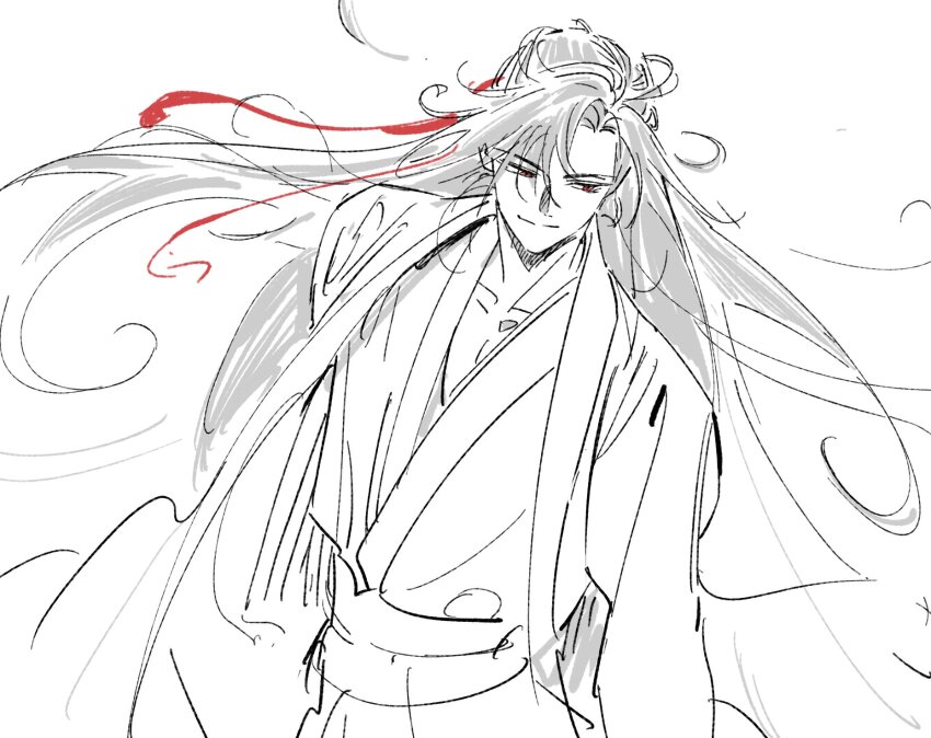 1boy, chinese_clothes, chuckchuck, hair_ribbon, hanfu, highres, long_hair, looking_to_the_side