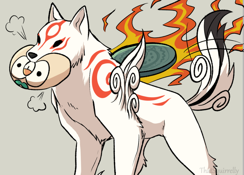 amaterasu_(ookami), bird, black_eyes, commentary, fire, gen_7_pokemon, grey_background, isso_(thatsquirrelly), nintendo, ookami_(game), owl, pokemon, pokemon_(creature), rowlet, simple_background, solid_eyes, untranslatable_commentary, tail, tail_wagging, white_fur, wolf
