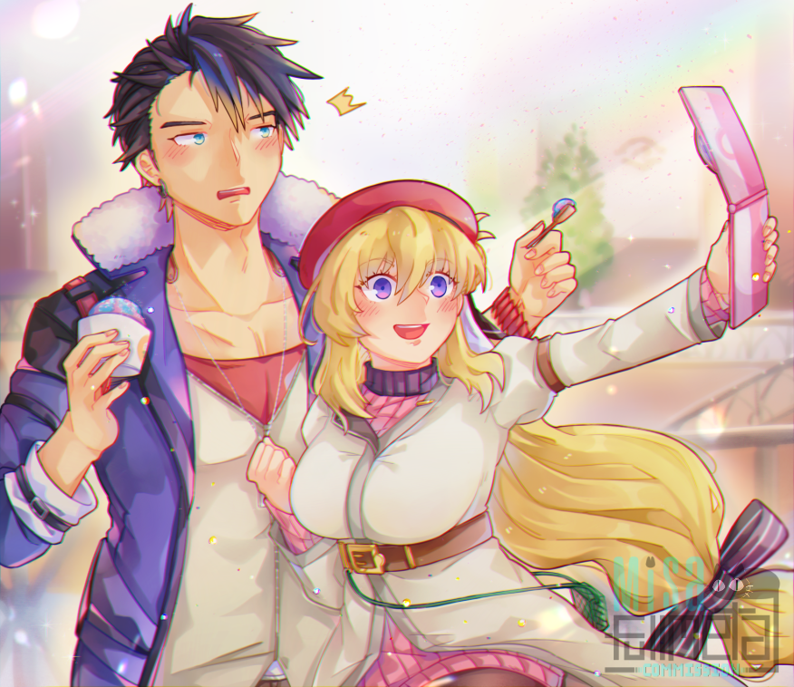 1boy, 1girl, ^^^, agnes_claudel, belt, beret, blonde_hair, blue_coat