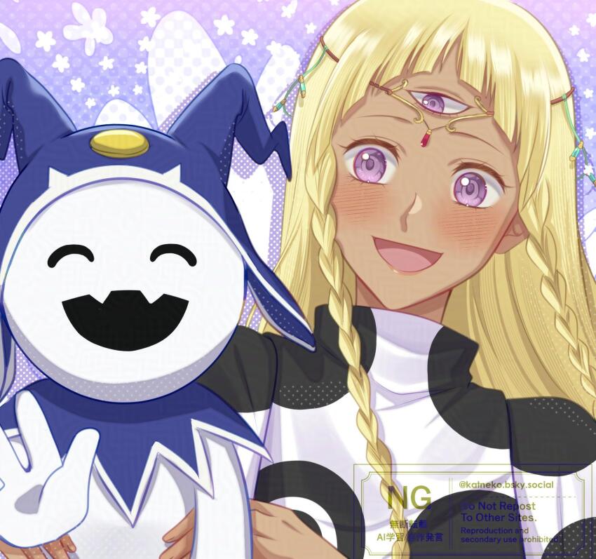 1girl, :d, ^_^, arched_bangs, atlus, blonde_hair, blush, braid, circlet, closed_eyes, commentary, company_connection, dark-skinned_female, dark_skin, demon_(megami_tensei), english_commentary, eupha_(metaphor:_refantazio), highres, jack_frost_(megami_tensei), katarina_neko, long_hair, metaphor:_refantazio, open_mouth, purple_background, purple_eyes, shin_megami_tensei, smile, third_eye, twin_braids, watermark, waving