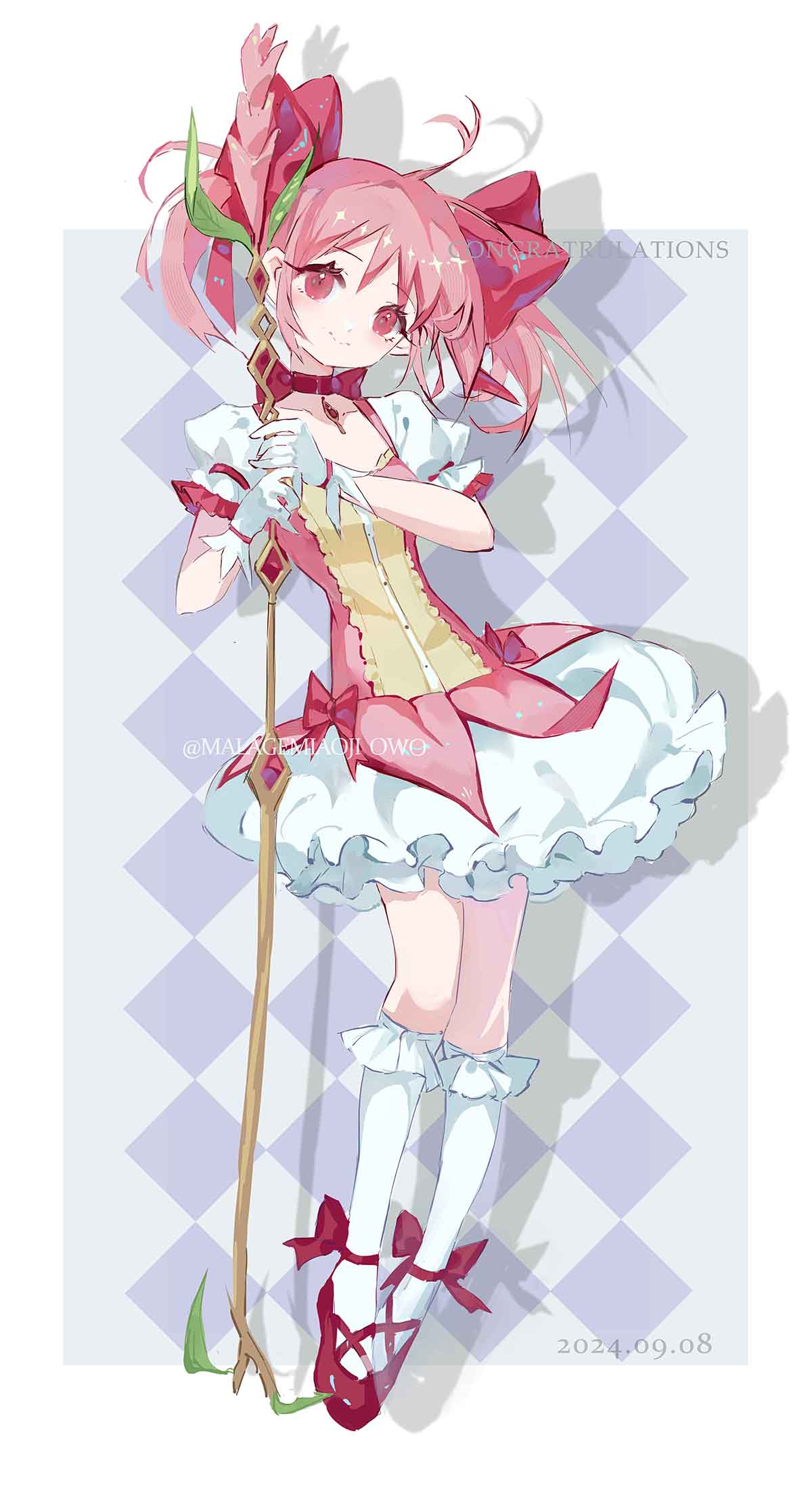 1girl, argyle_background, artist_name, belt, border, bow, bow_choker, bubble_skirt