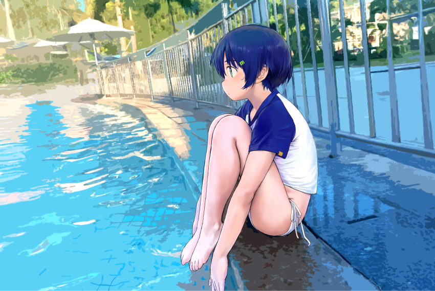 1girl, bare_legs, barefoot, bikini, blue_hair, blue_shirt, commentary, day