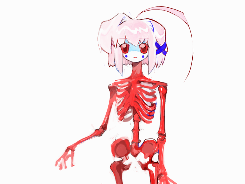1girl, ahoge, albino, body_horror, bone, colored_skin, guro, hair_ornament, heartlovepowertemple, horror_(theme), huge_ahoge, non-web_source, nude, official_art, pink_hair, rabbitmaiden_softworks, red_bones, red_eyes, rgb_paw, ribs, skeleton, teja, white_skin, x_hair_ornament, yogurt200