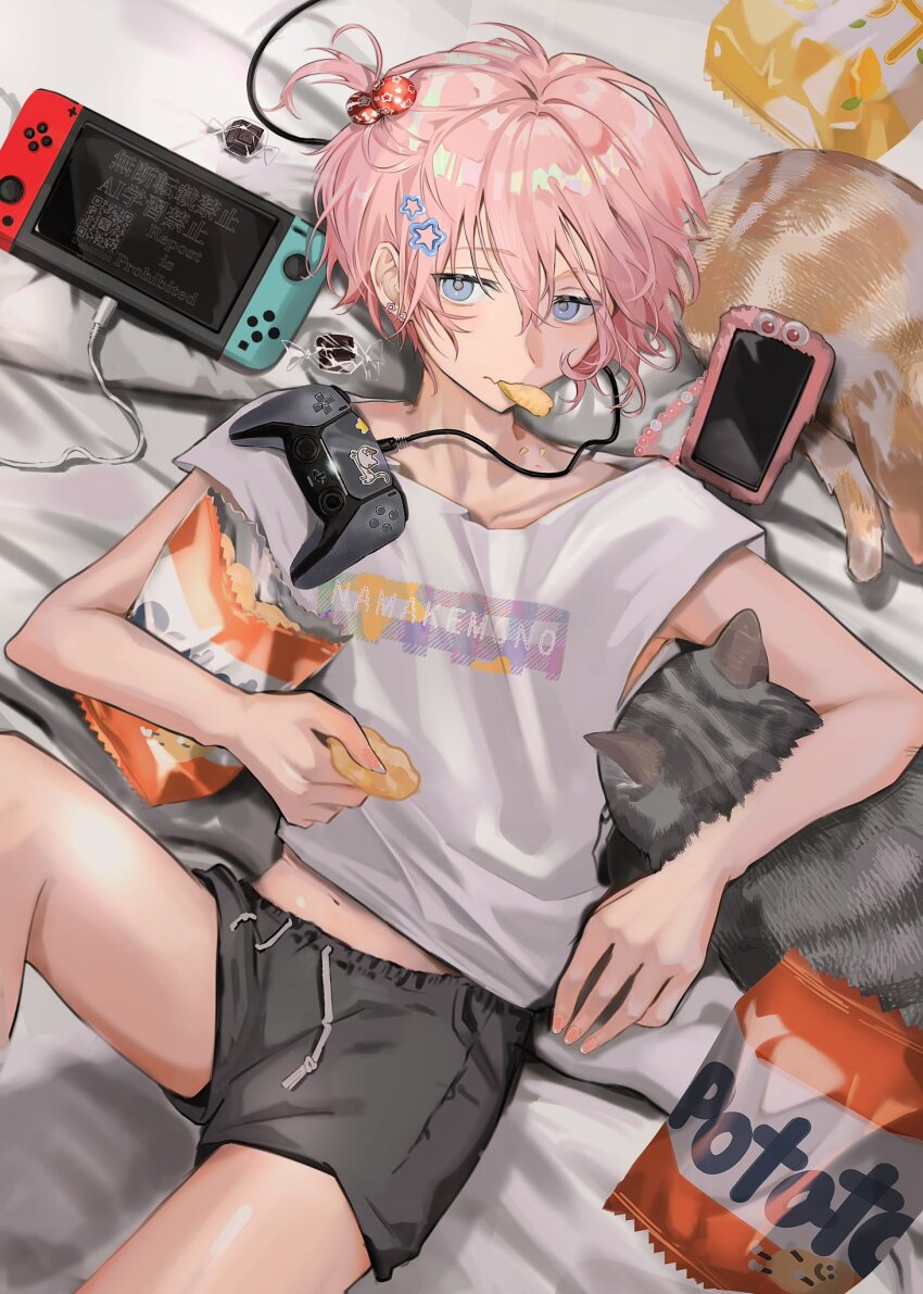 1boy, animal, beads, blue_eyes, cat, cellphone, chips_(food), chocolate, controller, earrings, food, food_in_mouth, game_controller, grey_shorts, hair_between_eyes, hair_bobbles, hair_ornament, handheld_game_console, highres, holding, holding_food, jewelry, looking_at_viewer, lying, male_focus, nintendo_switch, on_back, original, phone, pink_hair, potato_chips, sahi00000, shirt, short_shorts, shorts, smartphone, solo, star_(symbol), star_hair_ornament, trap, white_shirt