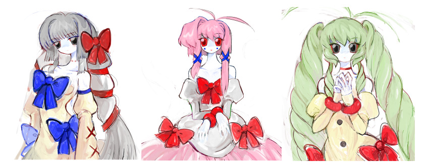 3girls, 8eyes, absurdres, antenna_hair, blunt_bangs, bow, breasts, choker, colored_skin, conejo-ess, conja, dress, drill_hair, green_hair, grey_hair, hair_bow, hair_ornament, heartlovepowertemple, highres, iroja, iroja_plutona, multiple_girls, non-web_source, official_art, pink_hair, rabbitmaiden_softworks, rgb_paw, teja, teja_la_venus, twin_drills, white_skin, x_hair_ornament, yogurt200