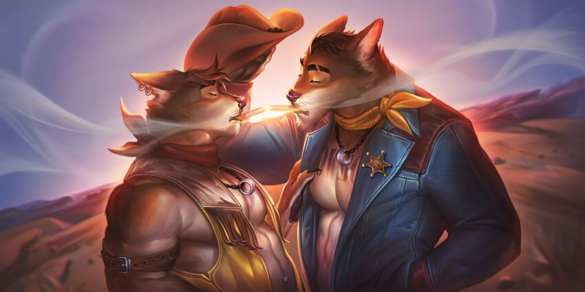 2boys, abs, absurdres, animal_ears, bara, bicep_strap, blue_jacket, brown_neckerchief
