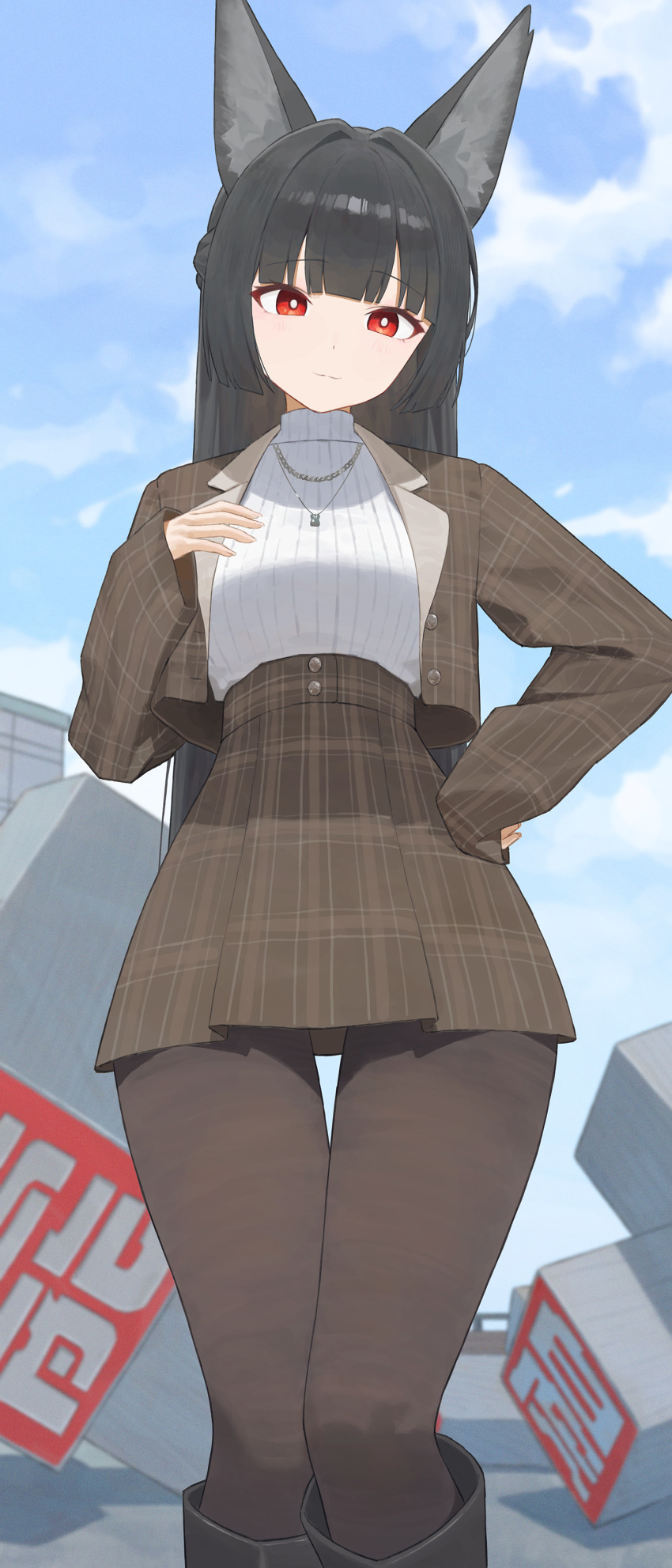 1girl, absurdres, alternate_costume, animal_ears, black_hair, blue_sky, blunt_bangs, brown_jacket