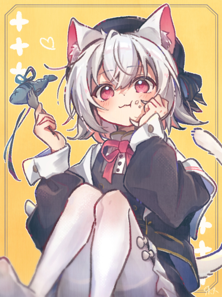 1girl, :3, animal_ear_fluff, animal_ears, black_hat, black_jacket, black_skirt, bow