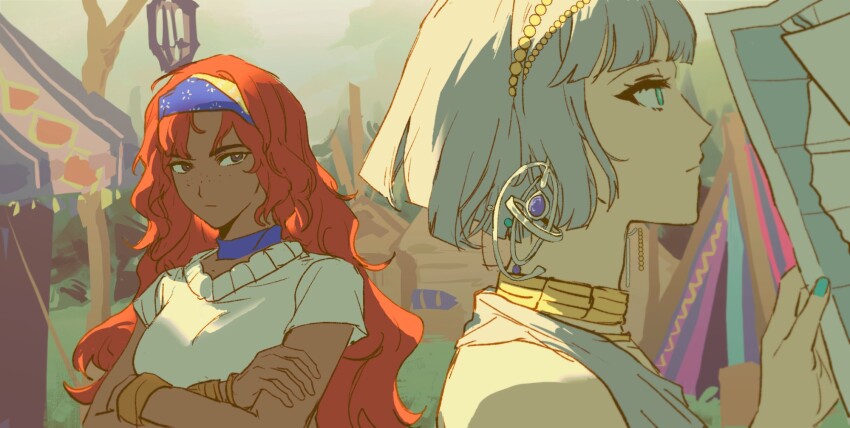 2girls, bare_shoulders, bianca_(reverse:1999), blue_choker, blue_eyes, blue_hairband, blue_nails, bob_cut, brown_eyes, choker, crossed_arms, dark-skinned_female, dark_skin, earrings, freckles, gold_choker, grey_hair, grey_sky, grey_tank_top, gyeol_124, hairband, hand_up, highres, holding, jewelry, long_hair, looking_at_another, looking_to_the_side, mercuria_(reverse:1999), multiple_girls, outdoors, profile, red_hair, reverse:1999, shirt, short_hair, short_sleeves, sketch, sky, tank_top, tent, upper_body, very_long_hair, white_shirt