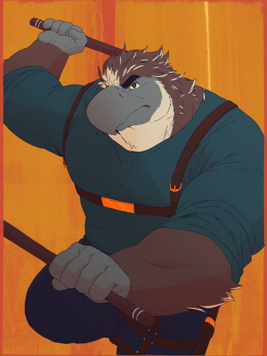 1boy, arnis, arnis_stance, artist_collaboration, beak, bird_boy, black_pants, chest_harness, clenched_hands, closed_mouth, commentary, eagle_boy, english_commentary, furry, furry_male, gamubear, green_shirt, harness, highres, holding, holding_stick, holster, long_sleeves, looking_at_viewer, male_focus, marxophone_(mrxphn), original, oscar_(mrxphn), pants, shirt, sleeves_rolled_up, stick, thigh_holster