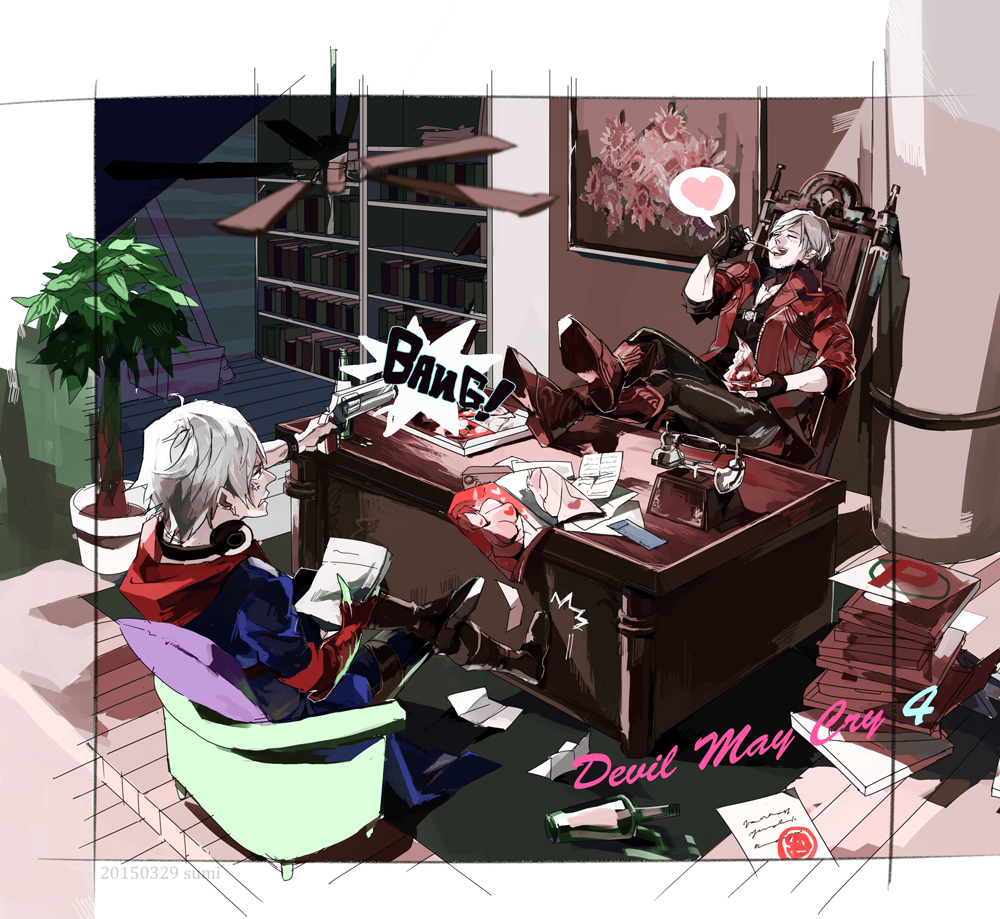 2boys, ahoge, aiming, anger_vein, angry, antique_phone, artist_name, beard_stubble