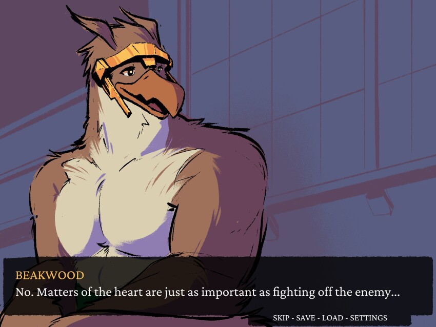 1boy, bara, beak, beakwood, bird_boy, blue_background, character_name, commentary, daggerprometheus, english_commentary, english_text, furry, furry_male, highres, juusenshi_gulkeeva, male_focus, muscular, muscular_male, open_mouth, pectorals, topless_male, visual_novel