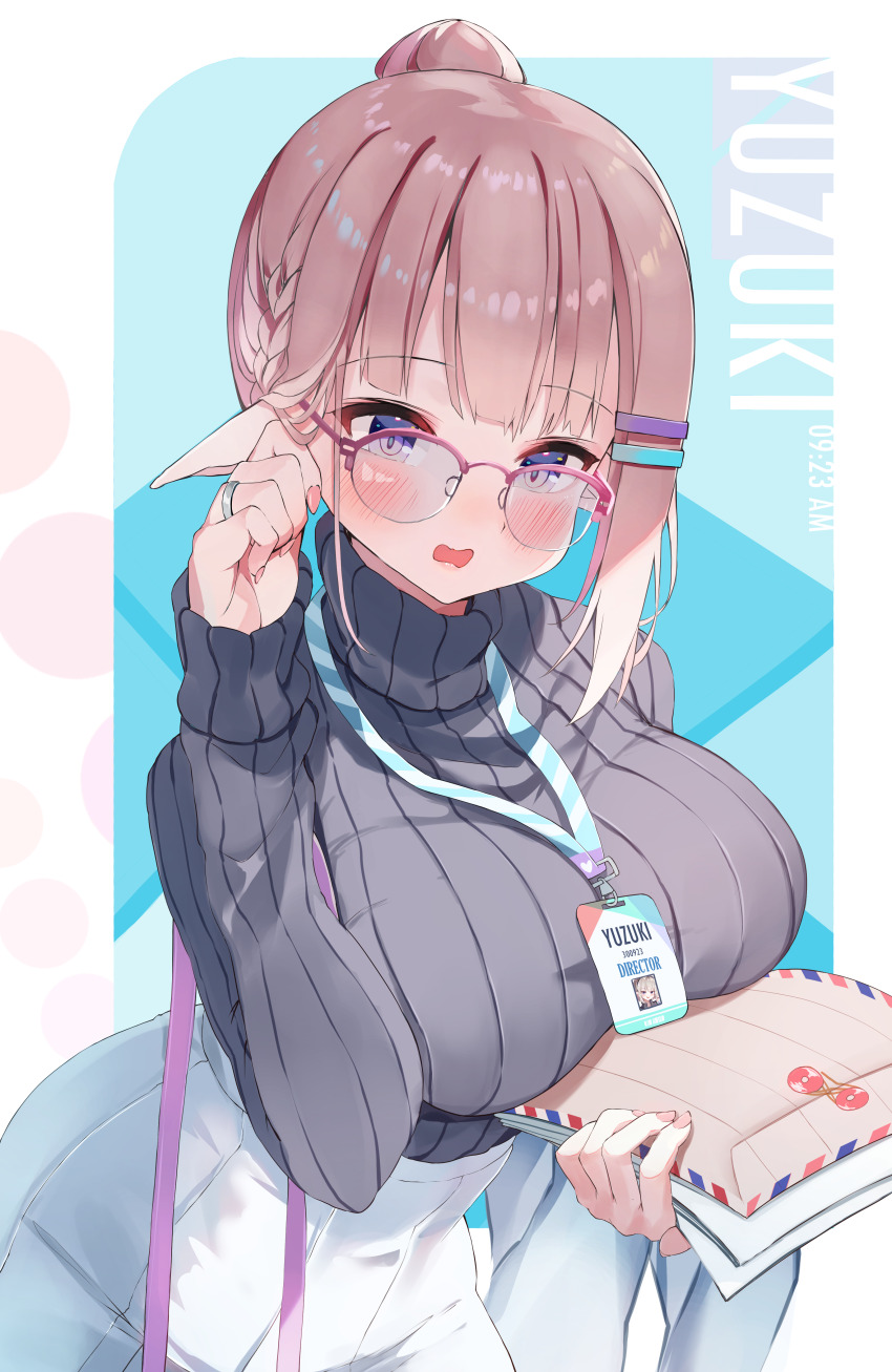 1girl, absurdres, black_sweater, blunt_bangs, blush, braid, breasts, character_name