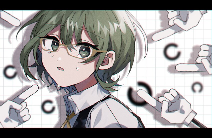 1girl, black_vest, collared_shirt, cross_tie, crying, crying_with_eyes_open, danjou_sora, eye_chart