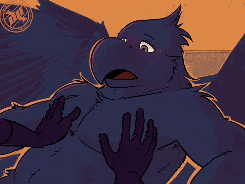 1boy, artist_logo, beak, bird_boy, bird_wings, blush, brown_eyes, commentary, daggerprometheus, disembodied_hand, english_commentary, feathered_wings, furry, furry_male, hand_on_another's_chest, highres, jirou_(tonari_no_youkai-san), logo, looking_at_another, male_focus, open_mouth, orange_background, pectorals, tengu, tonari_no_youkai-san, toned, toned_male, topless_male, wings