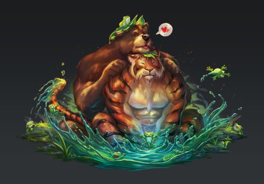 2boys, abs, absurdres, animal_ears, bara, bear_boy, bear_ears, black_background