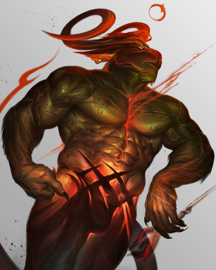 1boy, abs, absurdres, claws, colored_sclera, commentary, demon_boy, demon_horns