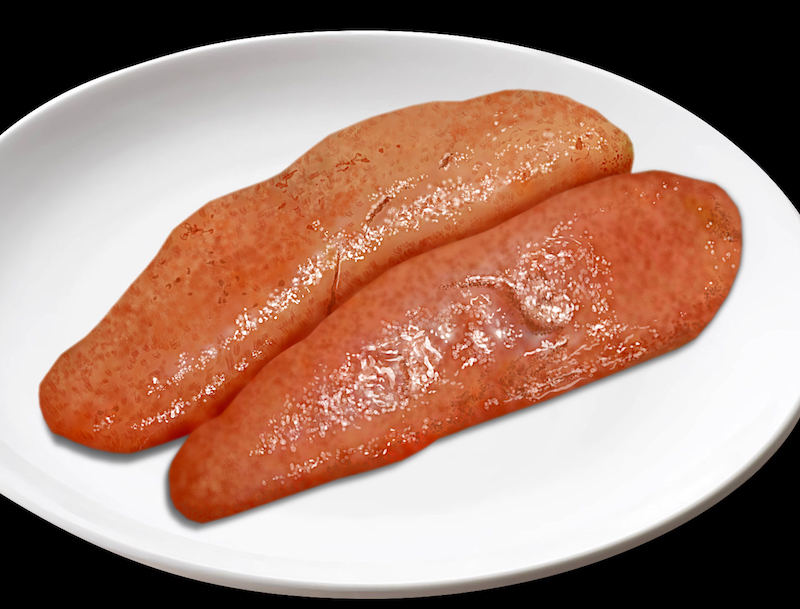 black_background, commentary_request, food, food_focus, karashi_mentaiko, no_humans, original, photorealistic