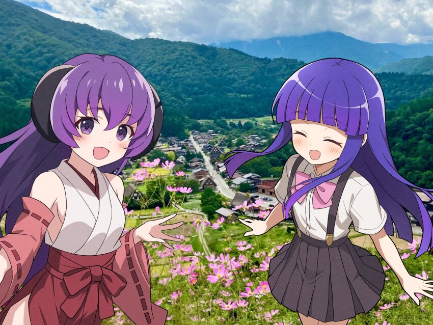 2girls, :d, ^_^, a-pose, bare_shoulders, black_horns, black_skirt, blunt_bangs