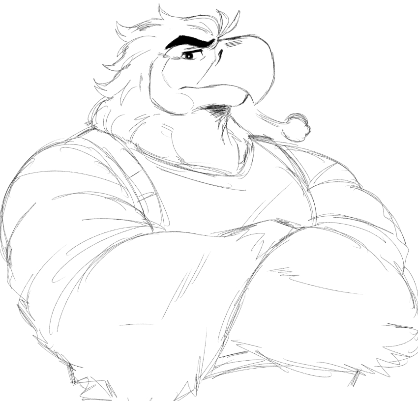 1boy, bara, beak, chest_harness, closed_mouth, commission, crossed_arms, furry