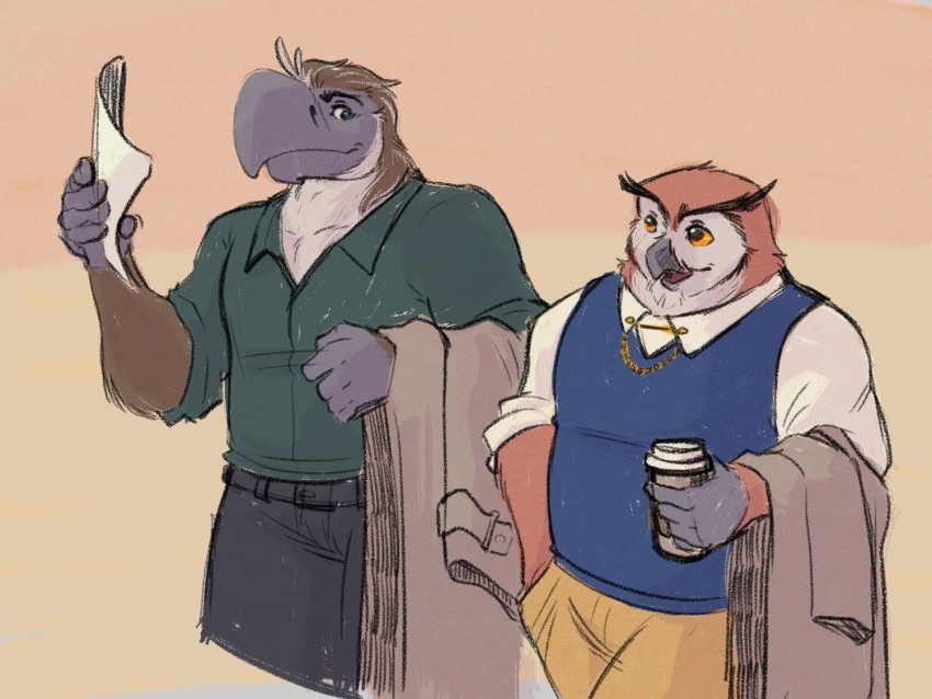 2boys, beak, bird_boy, black_pants, blue_vest, brown_pants, closed_mouth, coat