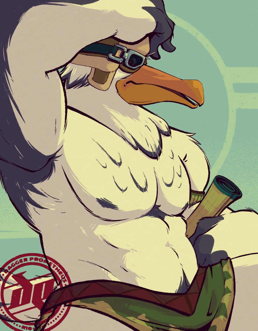 1boy, arm_up, armpits, artist_logo, bara, bird_boy, commentary, daggerprometheus, english_commentary, feathers, furry, furry_male, goggles, highres, logo, looking_at_viewer, male_focus, map, muscular, muscular_male, nintendo, open_mouth, pectorals, penn_(zelda), the_legend_of_zelda, the_legend_of_zelda:_tears_of_the_kingdom, topless_male