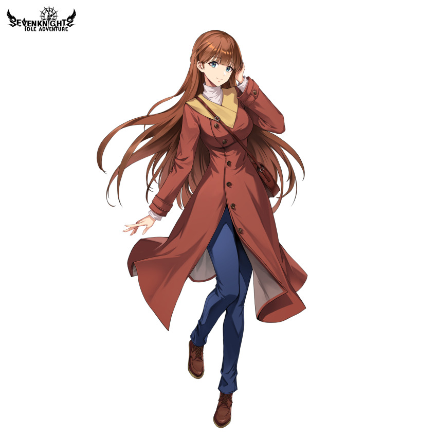 1girl, bag, blue_eyes, breasts, brown_coat, brown_hair, brown_shoes, coat, full_body, highres, large_breasts, lee_joo-hee, long_hair, long_sleeves, official_art, pants, seven_knights, shoes, shoulder_bag, smile, solo, solo_leveling