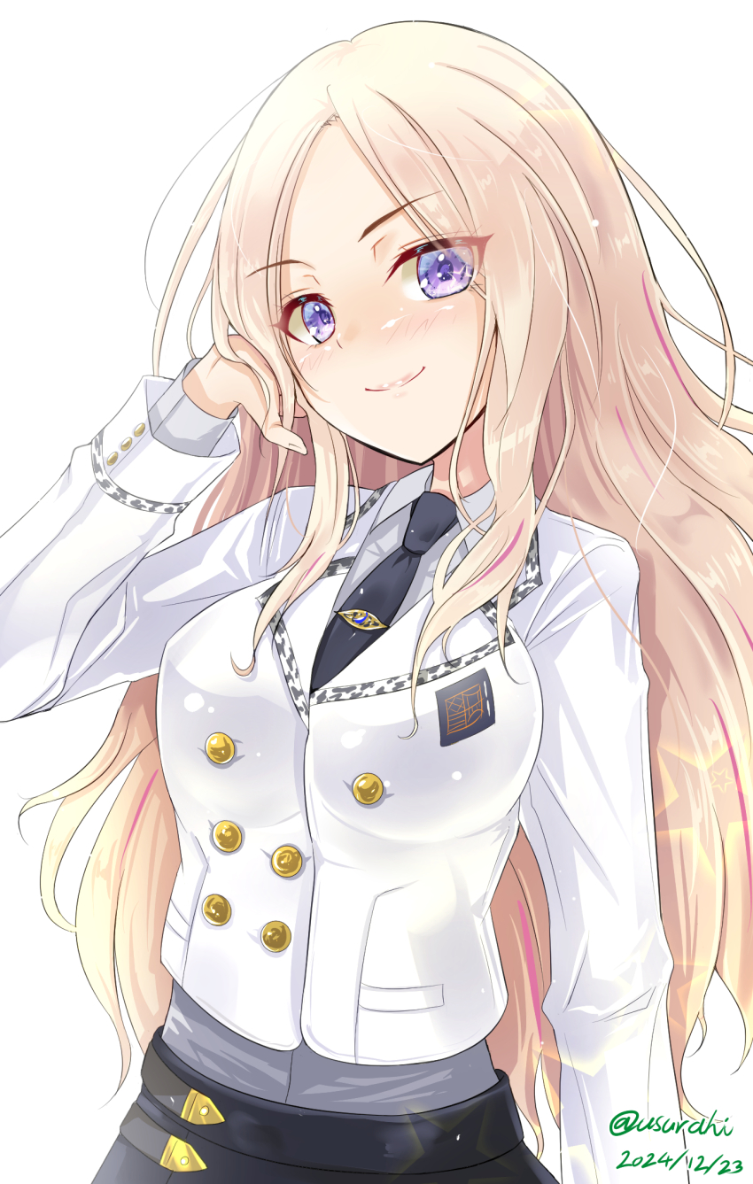 1girl, black_necktie, blonde_hair, blush, breasts, commentary_request, dated, forehead
