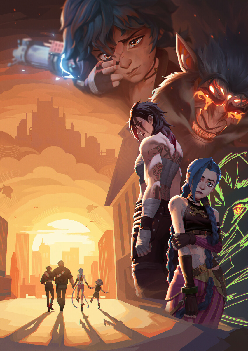2boys, 3girls, absurdres, aiming, aiming_at_viewer, animal_ears, arcane:_league_of_legends, arcane_jinx, arcane_vi, arm_on_another's_shoulder, bandaged_arm, bandaged_chest, bandages, black_hair, black_pants, black_shirt, blue_hair, braid, clenched_teeth, crop_top, crying, earrings, facing_to_the_side, fangs, fangs_out, father_and_child, father_and_daughter, finger_gun, fingerless_gloves, gloves, glowing_body_fluid, hand_on_own_arm, helmet, highres, holding_hands, isha_(arcane), jewelry, jinx_(league_of_legends), league_of_legends, long_hair, looking_at_viewer, looking_down, mixed-language_commentary, multicolored_hair, multiple_boys, multiple_girls, multiple_pov, pants, parent_and_child, pink_hair, pointy_ears, pov, purple_pants, shirt, siblings, silco_(arcane), sisters, streaked_hair, streaming_tears, sunset, tattoo, tearing_up, tears, teeth, twin_braids, vander_(arcane), vander_(warwick)_(arcane), very_long_hair, vi_(league_of_legends), walking, werewolf, wolf_boy, wolf_ears, yyc992