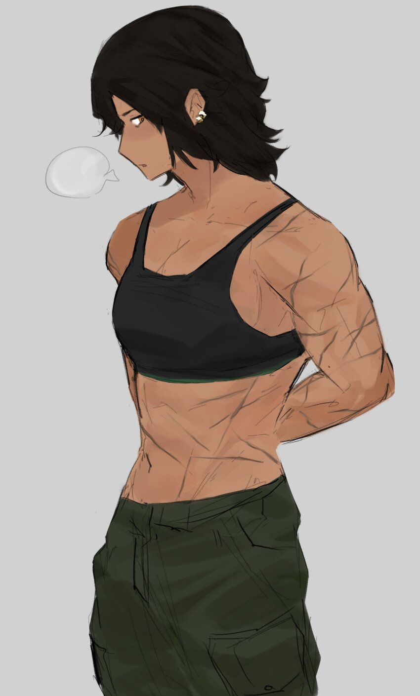 1girl, absurdres, arms_behind_back, black_tank_top, brown_eyes, brown_hair, cowboy_shot, dark-skinned_female, dark_skin, green_pants, highres, ishmaelfanno8, limbus_company, navel, outis_(project_moon), pants, project_moon, scar, scar_on_arm, simple_background, solo, speech_bubble, tank_top, toned, toned_female, white_background