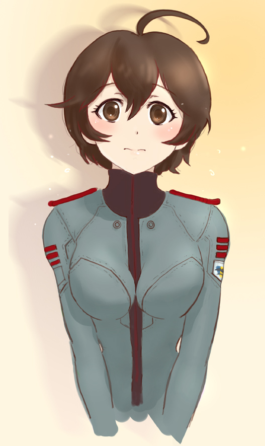1girl, ahoge, blue_jacket, blush, breasts, brown_eyes, brown_hair, count_military_uniform