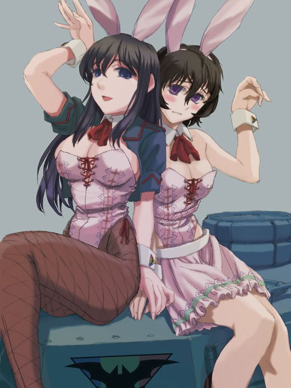 2girls, adapted_costume, amane_kk, animal_ears, black_pantyhose, blue_eyes, blue_jacket, breasts