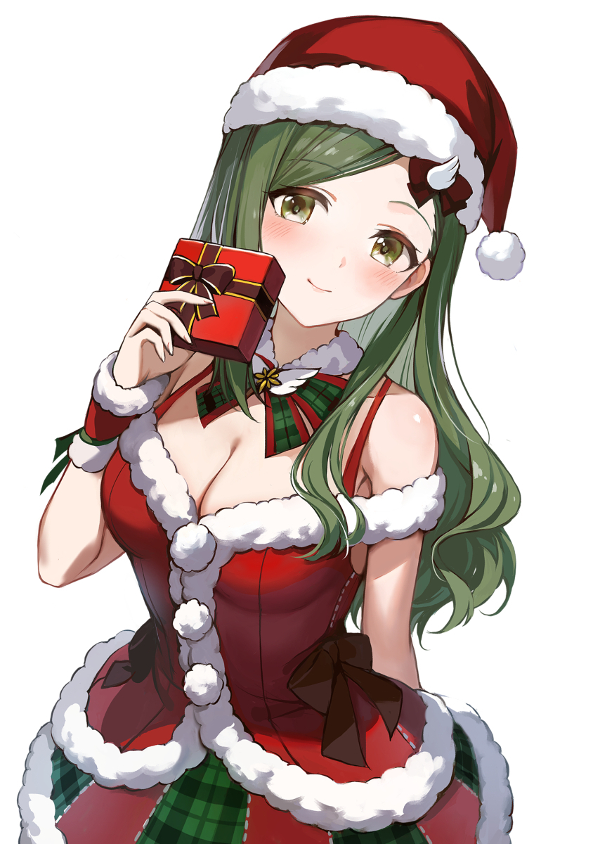 1girl, blush, box, breasts, cleavage, detached_collar, fingernails, fur-trimmed_headwear, fur-trimmed_shirt, fur-trimmed_skirt, fur-trimmed_wristband, fur_trim, gift, gift_box, green_eyes, green_hair, hat, highres, holding, holding_box, idolmaster, idolmaster_shiny_colors, long_hair, looking_at_viewer, medium_breasts, nanakusa_hazuki, red_hat, red_shirt, santa_hat, shirt, simple_background, skirt, smile, solo, swept_bangs, tuna_picture, two-tone_skirt, very_long_hair, white_background