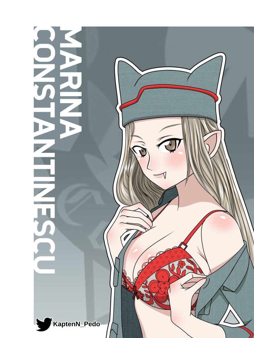 1girl, blue_hat, blue_jacket, bra, breasts, character_name, count_military_uniform, fangs