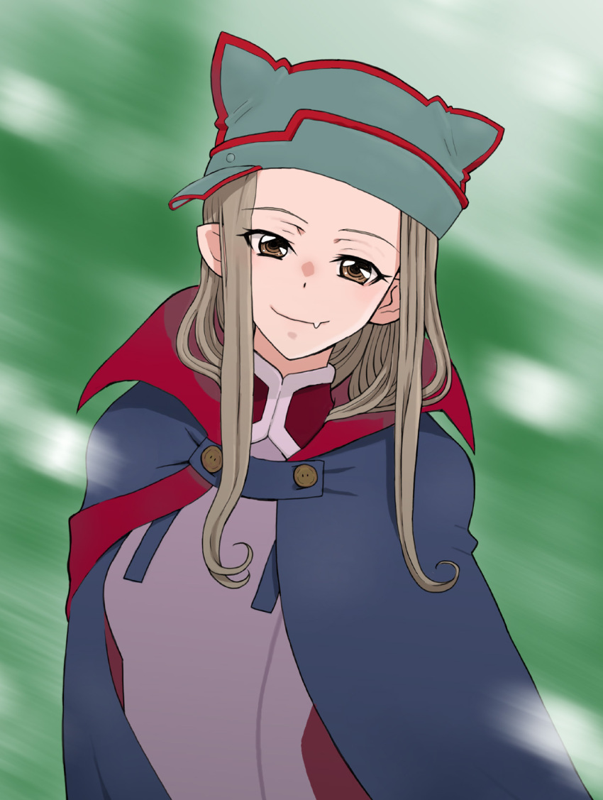 1girl, blue_hat, brown_eyes, cape, closed_mouth, count_military_uniform, fang, girls_und_panzer