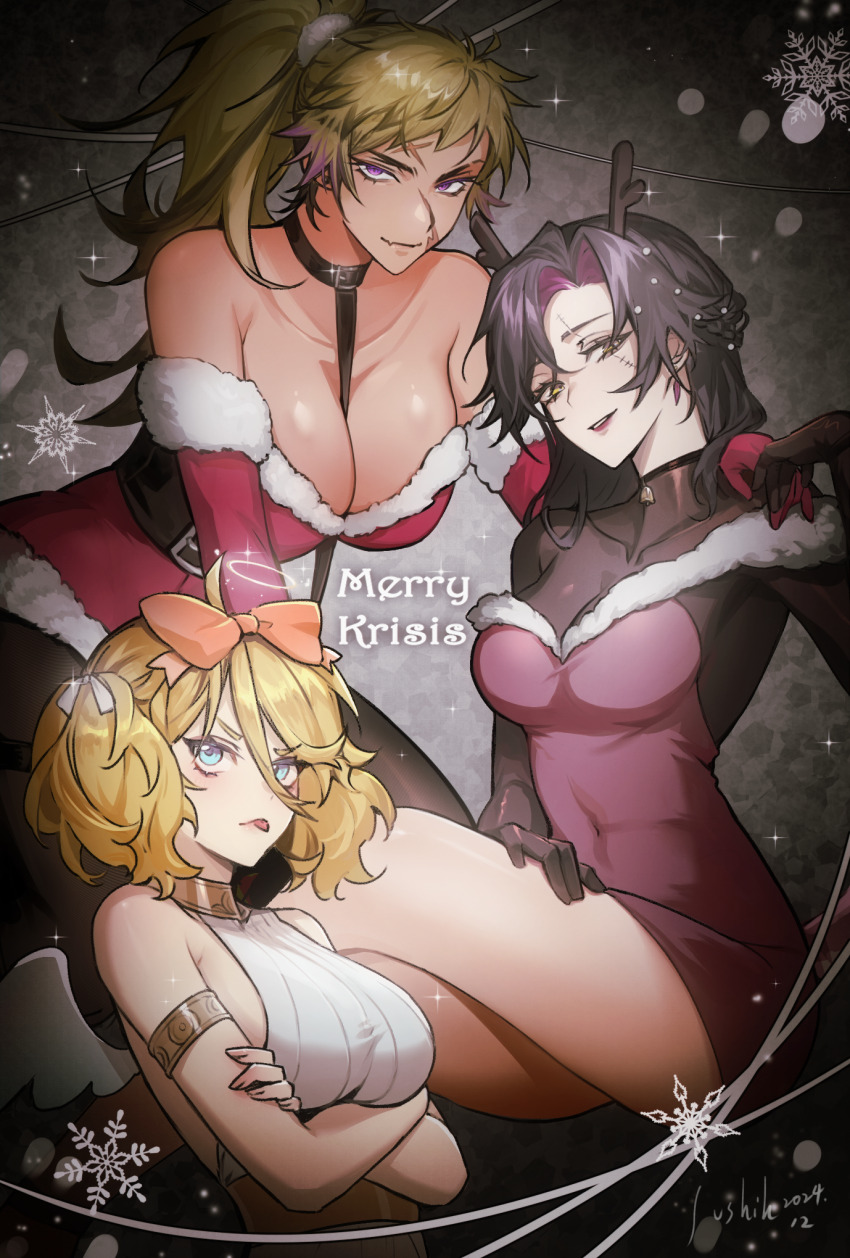 >:p, 3girls, :p, ahoge, angel_wings, antlers, armlet, arms_under_breasts