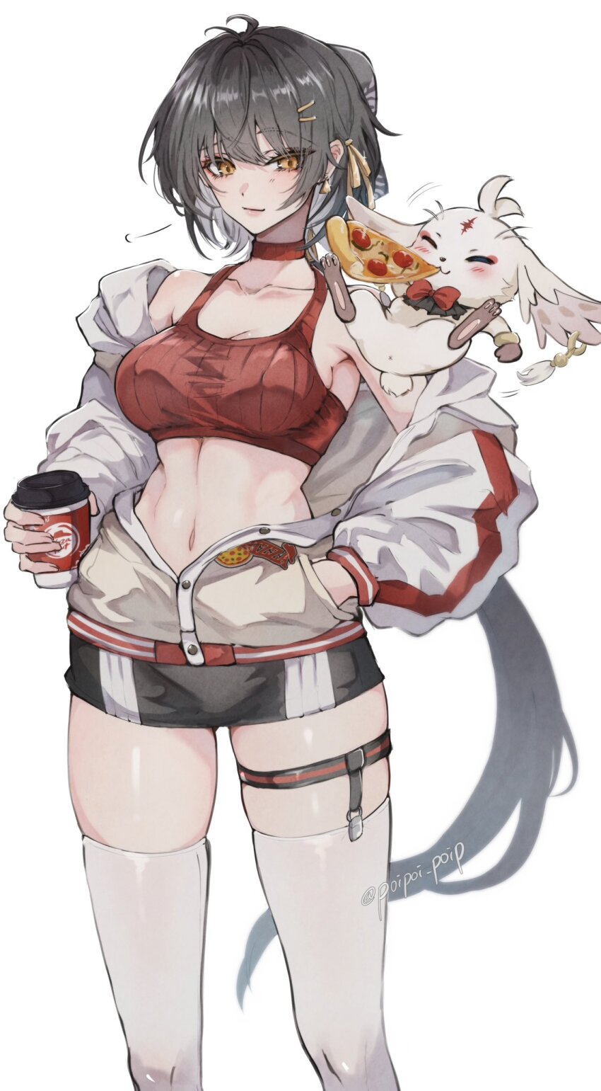 1girl, abby_(wuthering_waves), artist_name, bare_shoulders, black_bow, black_hair, black_shorts, bow