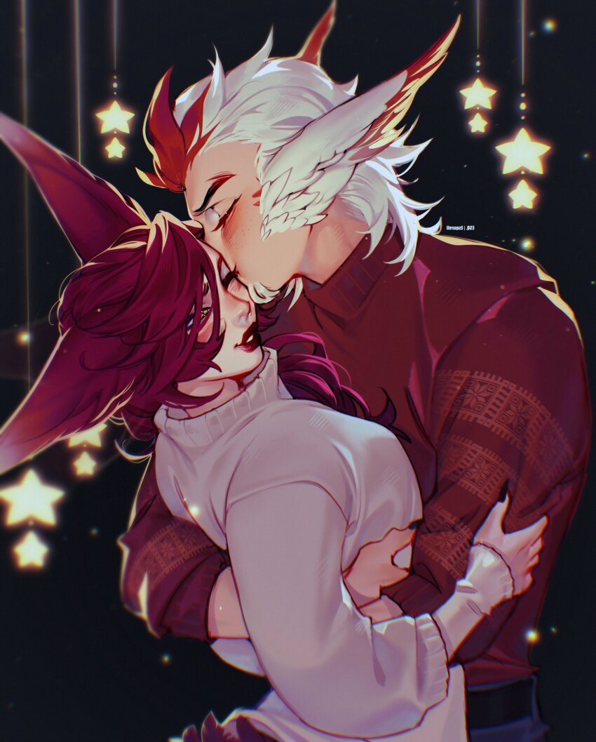 1boy, 1girl, absurdres, alternate_costume, animal_ears, bird_boy, bird_girl, blush